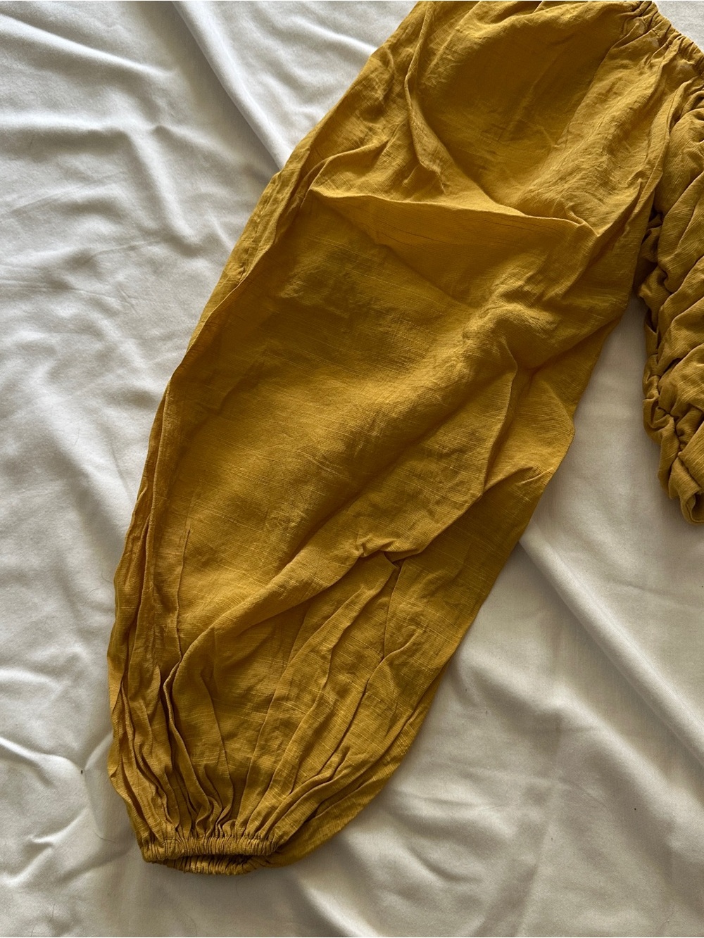 Mustard Drawstring Ruched Puff-Sleeve Crop Top - Picture 5 of 6